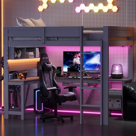 Cama alta infantil de 90x200 cm con escritorio, estanterías, luces LED de 7 colores, enchufes + USB, madera gris (1/5)
