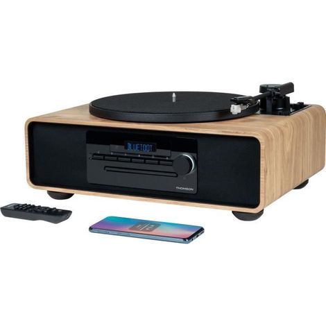 Thomson – Chaîne HiFi 60W Bluetooth 5.0 – Platine intégrée avec lecteur CD, radio FM, USB – Tête Audio-Technica AT3600L – Chargeur USB 5V-1A (1/5)
