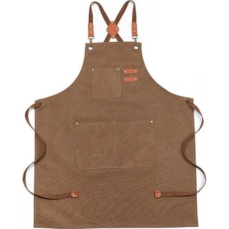 1PC Brown Upgraded Waterproof Denim Apron with Straps, Adjustable Denim Apron with Pockets and Cross Straps (1/5)