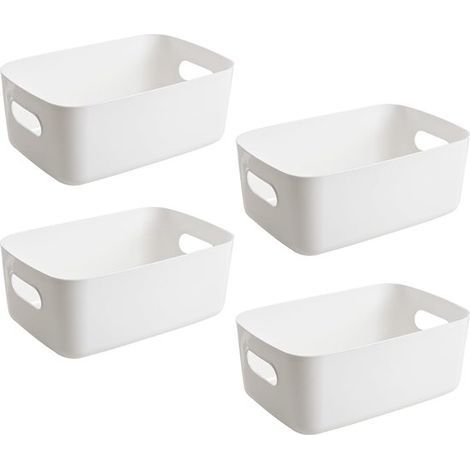 4er-Set stapelbare, weiße Kunststoff-Aufbewahrungskörbe mit Griffen – Aufbewahrungsboxen – 19 x 14,5 x 7 cm – Weiß – Stapelbar – Mit Griffen – Ideal für Küche, Bad und Büro (1/5)
