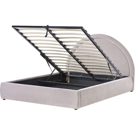 Bed Frame Taupe Chenille Upholstery EU Double Size 4ft6 Lift Up Storage with Headboard and Slatted Base MOUZON