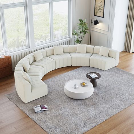 Modulares geschwungenes Chenille-Sofa in Beige, 2 Kissen, halbrunde Anordnung HAVRYA (1/5)
