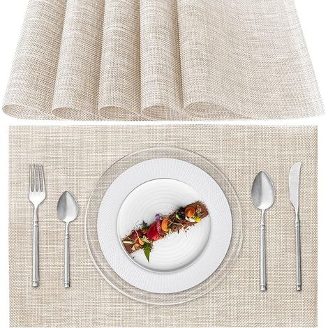 Lntyq Sets de Table Lavable, Lot de 6 Sets de Table Plastique PVC, Résistant à la Chaleur, Antidérapant, pour Cuisine Table à Manger (Beige)