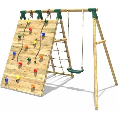 Rebo Beat The Wall Wooden Swing Set with Double up & Over Climbing Wall – Apex (1/5)
