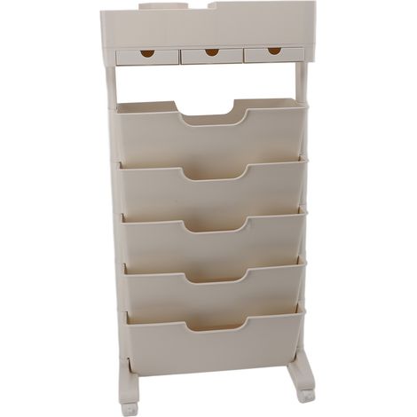 Étagère de table multifonctionnelle en plastique blanc cassé à trois tiroirs avec roulettes (1/5)