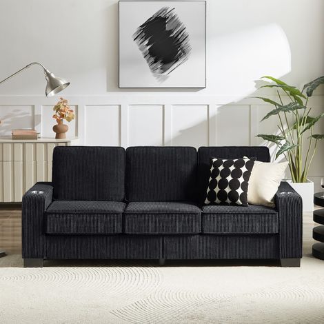 Canapé 3 places 206 cm en velours côtelé noir avec accoudoirs porte-gobelets, mousse haute densité et ressorts, salon chambre bureau (1/5)