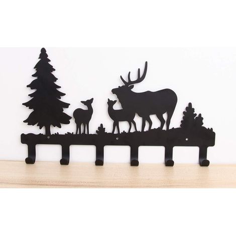 Metallene Wandgarderobe mit 6 Haken – Motiv: Hirsch, Baum, Wald, Elch, Cartoon-Tierdesign –