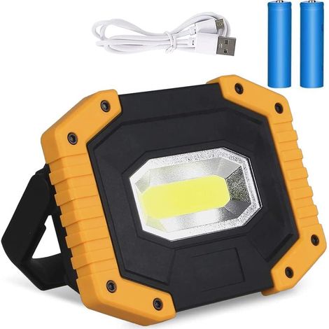Projecteur LED Rechargeable,20W USB 1200LM Lampes de Travail à LED,Projecteur Chantier Lampes de COB Camping Imperméable Portable avec 3 Modes pour Camping,Chantier,Garage, (2 piles incluses) [Classe