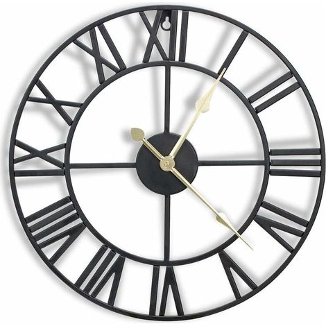 Horloge murale en métal de 16 pouces avec chiffres romains 3D, mouvement silencieux et à piles, superbe décoration murale pour cuisine, salon et ferme, noir