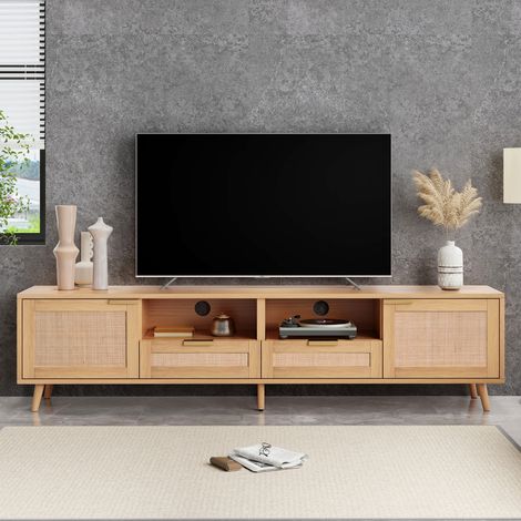 Mueble TV 200 cm, cajones y almacenaje, patas regulables, ratán, natural, 200x37x49 cm (1/4)