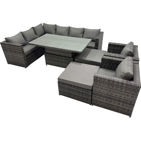 Fimous 10-seater Height Adjustable Rising Lifting Table Corner Sofa Set Rattan Garden Furniture Dining Set with 2 Big Stools Dark Grey Mixed (1/5)