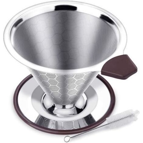 Permanenter Kaffeefilter aus Edelstahl, papierloser Kaffeefilter für die manuelle Kaffeezubereitung, wiederverwendbarer Kaffeefilter mit doppeltem Edelstahlgewebe und Silikongriff (1/5)