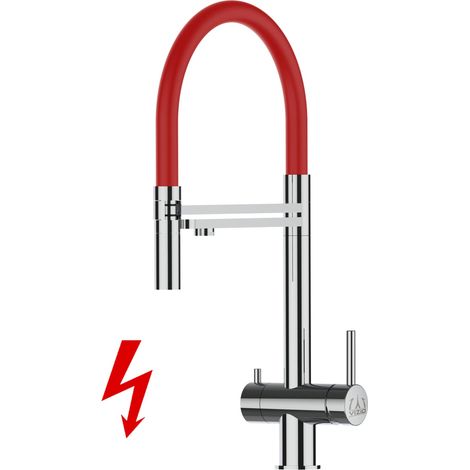 NIEDERDRUCK 3 Wege Edelstahl Massiv Küchenarmatur Spültischmischer, mit 360° schwenkbarem Rot Auslauf und 2 strahl Handbrause - Hochglanz (1/5)