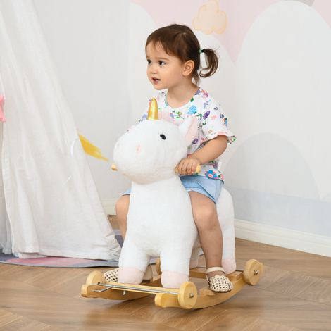 Cheval à bascule licorne 2 en 1, sons et peluche - 63×38×63 cm - base courbe et roues - pour 3-6 ans - jouet balançoire blanc