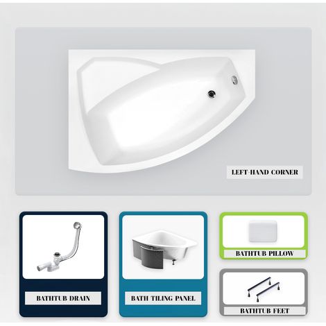 Asymmetrische Badewanne - 130 x 85 cm - Links - mit Verkleidung - mit Füßen - Kopfstütze - Ablaufgarnitur Chrom - RIMA (1/4)