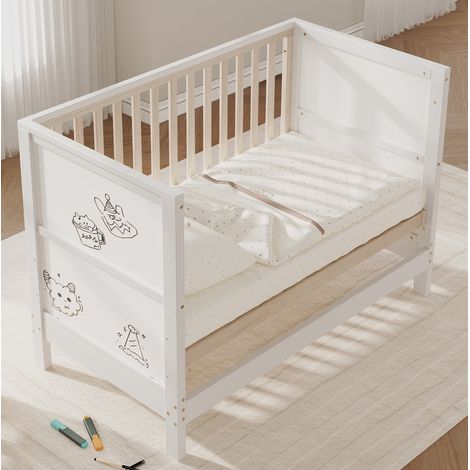Lit bébé évolutif 90 x 200 cm en bois blanc avec panneaux à dessiner, réglable et convertible – dimensions sur demande