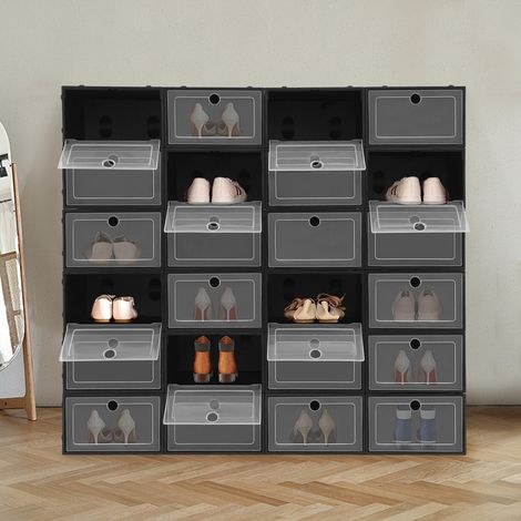 24 cajas de zapatos negras, 24 cajas de zapatos grandes con tapa abatible, estantes apilables para zapatos, cajas de zapatos reforzadas y plegables. (1/5)