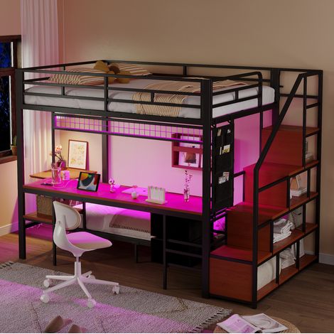 Letto soppalco 140x200/90x200 cm metallo MDF nero, LED per spazi ridotti, senza materasso – MEUBLIV (1/5)