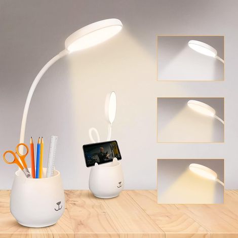 Augenschonende LED-Schreibtischlampe mit Handyhalterung und Stifthalter – weiß (1/4)