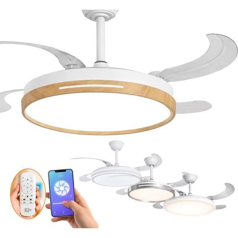 JARDIN202 - Ventilador de Techo con Aspas Retráctiles, Motor DC, Temporizador, Luz LED Regulable, Mando a Distancia, 6 Velocidades  50 cm (Vejer Wifi Madera)