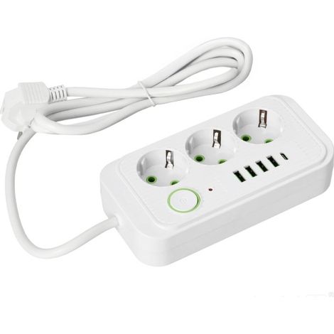 Cable alargador de 1,5 m con 3 enchufes, 4 puertos USB y un cable USB-C, con toma de tierra (3 x 1,5 m), color blanco. (1/5)