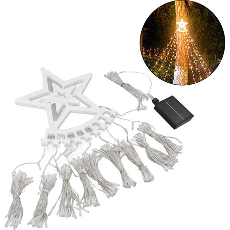 Solarbetriebene, kaskadenförmige Lichterkette für den Weihnachtsbaum, 350 LEDs, 8 Beleuchtungsmodi, wasserdicht, mit Fernbedienung für warmes Außenlicht. (1/5)