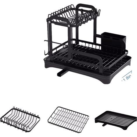 Escurridor de platos, diseño expandible de 2 niveles, sistema de drenaje automático, nuevo color negro (pfe) (1/2)