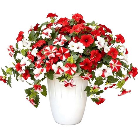 Fleurs artificielles d'extérieur - Pétunias résistants aux intempéries - pour jardinières et jardins - Rouge et blanc (1/4)