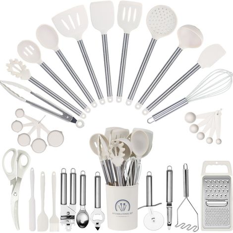 Batterie de cuisine 33 pièces en silicone avec poignées en acier inoxydable, résistante à la chaleur, blanche, pour la cuisson et la pâtisserie