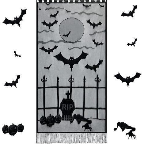CCYKXA Rideaux d'Halloween, décoration de porte, Halloween, rideau de fenêtre en dentelle noire, housses de chauve-souris squelette, panneaux de rideaux de porte citrouille, toile de fond, décorations (1/5)