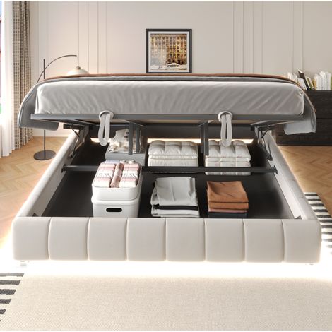 Letto contenitore matrimoniale 180x200 cm, con sollevamento idraulico e luce LED, in velluto beige, senza testiera (1/5)