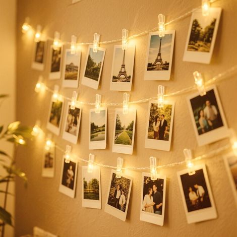 guirlande lumineuse photo 12 m, 120 led blanc chaud, 60 clips transparents, piles aa, décoration intérieure chambre fête mariage noël (1/5)