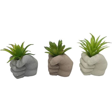 TrAdE Shop Traesio - Set 6pz Pianta Verde Finta Con Vaso Forma Pugno Chiuso In Ceramica 7x7x10cm 3 Colori 157978 -