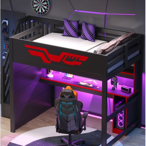 Etagenbett 140/200 cm in Schwarz-Rot mit Schreibtisch, Stauraumtreppe, LED und USB (1/5)