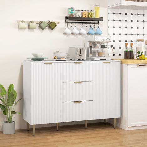 Buffet meuble cuisine rangement avec 3 tiroirs. étagères réglables. placards à portes cannelées. 120 x 40 x 90 cm. blanc