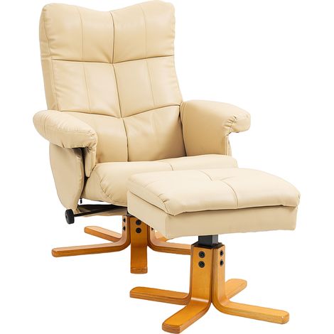 Beige PU Leather Swivel Recliner Chair with Footstool and Wooden Base for Living Room Storage