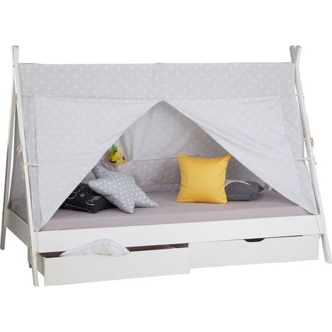 Cama tipi infantil con somier de láminas de tela y cajones de almacenaje de madera de pino blanco 90x200cm LIT06203 (1/5)