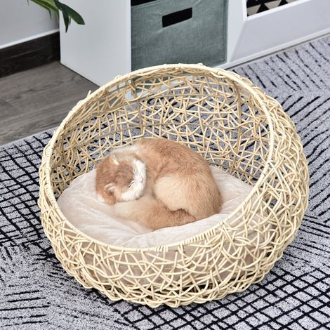 PawHut Katzenbett aus Rattan Katzenhöhle mit Kissen Katzenkorb Hundebett Katzenschlafplatz Hundehütte Tierbett für Katzen Hunde Beige Ø56 x 35 cm (1/5)