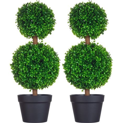 Set di 2 alberi di bosso artificiali a doppia sfera con tronco e vaso inclusi - alti 60 cm, verdi