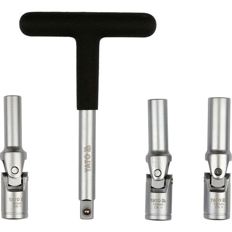 Yato Schraubenschlüsselsatz YT-05347 für Glühkerzen  4-tlg. 3/8" CrV Steckschlüssel mit Kardangelenk & T-Schlüssel  Universalgelenk, schwer zugängliche Stellen (1/5)