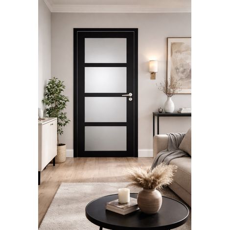 Bloque de puerta Telia negro con cristal H204 x L73 cm, lado izquierdo, pomo Pomerol, GD MENUISERIES