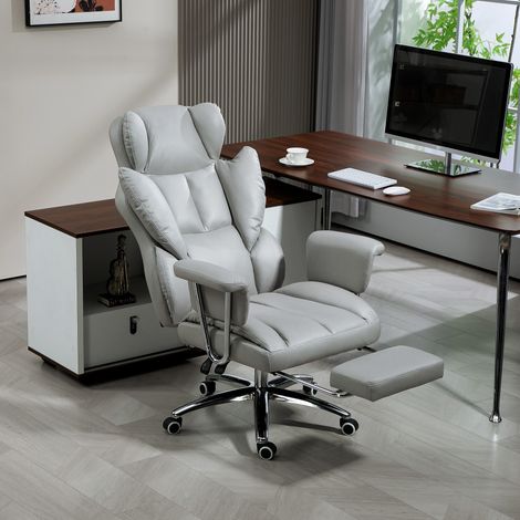 Chaise de bureau ergonomique, rembourrée, avec repose-pieds, dossier réglable, pivotante à 360°, gris clair (1/5)