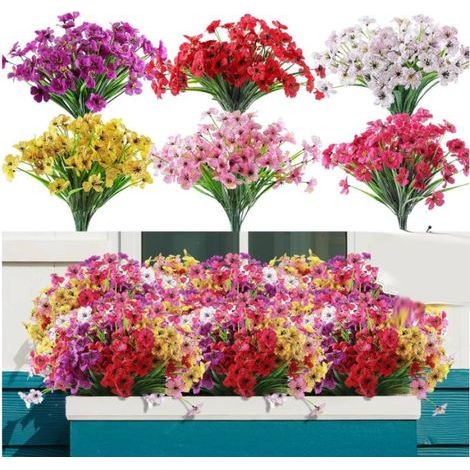 Bouquet artificiel 12 fleurs en plastique – Résistant aux UV et à l'eau – Pour pots suspendus et décoration extérieure – Couleurs vives (1/5)