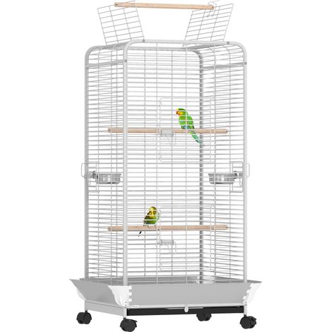 Cage à perroquets avec roulettes, perroquets 79 x 73 x 146 cm Gris clair, perchoirs, mangeoires et plateau amovible, volière pour cacatoès