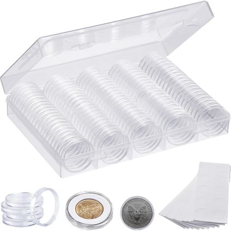 100 pièces capsules de monnaie en plastique transparent pour protéger les capsules de pièces de monnaie avec joint en mousse avec boîte de rangement en plastique pour fournitures de collection (1/5)