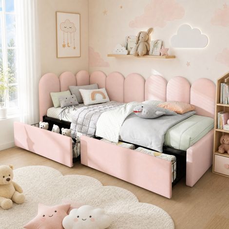 DESMIU Lit banquette 90 × 200 cm 1 place avec 2 tiroirs, sans matelas, en velours, rose (1/5)