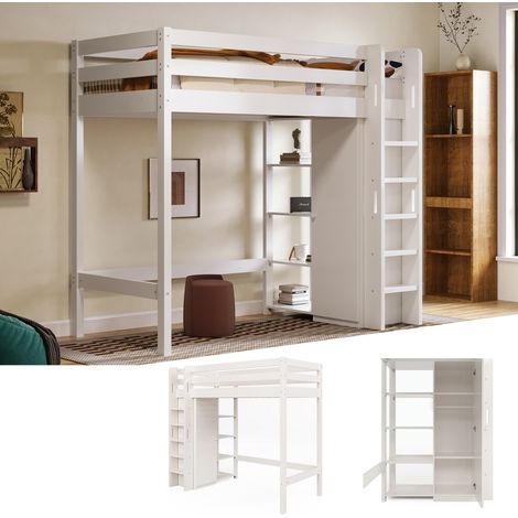 Kinderbett Hochbett 90x200 cm mit Kleiderschrank und 6 Regalen, Platzsparendes Loftbett aus Holz mit Stauraum, EN 747 Zertifiziert, Weiß (1/5)