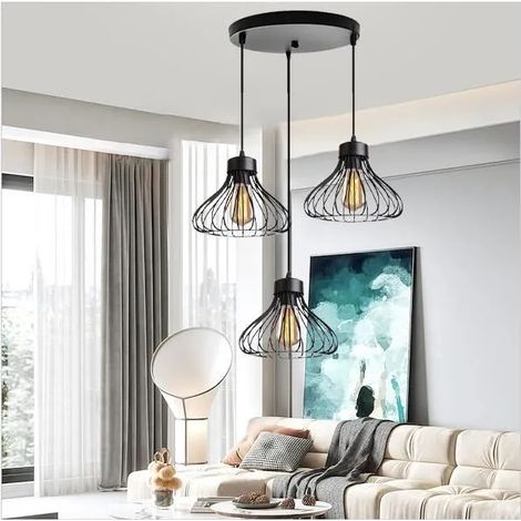 Lampe Suspension Salon Industrielle Noir Lustre Suspension en Métal Cage Style Vintage pour Salon Chambre (1/4)