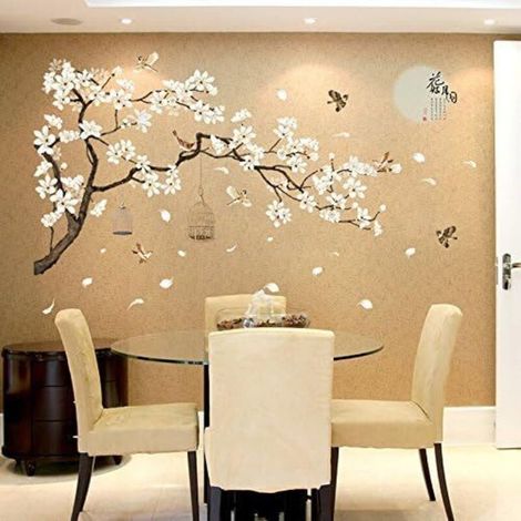 Wandtattoo mit Kirschblüten und Vögeln – Wasserfeste, selbstklebende Vinylfolie – Maße: 187 x 128 cm – Vintage-Schlafzimmerdekoration – GRÖSSE 187 x