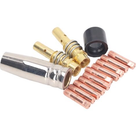 Kit de 14 accessoires pour pistolet de soudage MIG : torche de soudage en cuivre, buse de contact conductrice, manchon de gaz et capuchon de bielle.